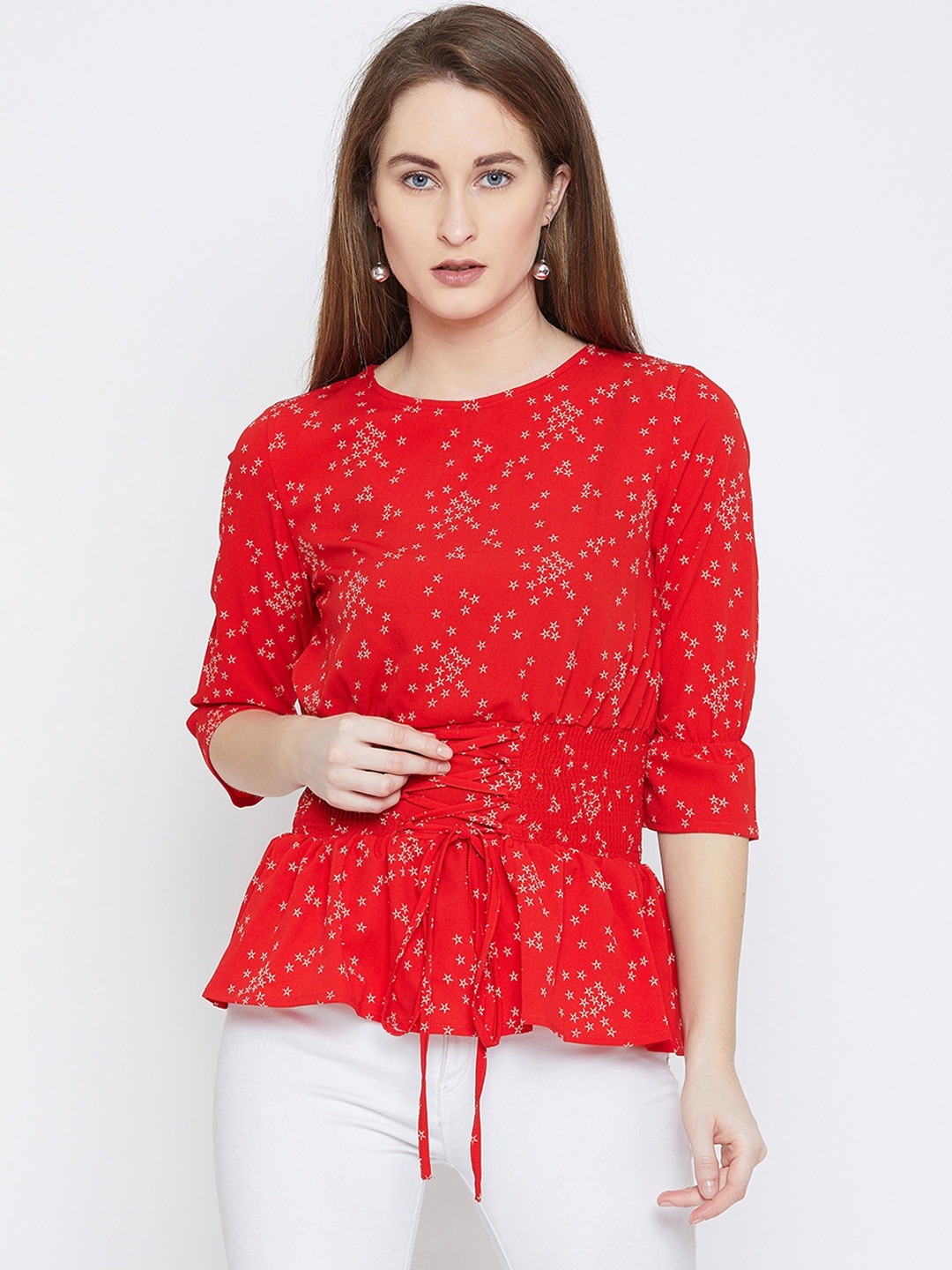 

Ruhaans Women Red Printed Cinched Waist Top
