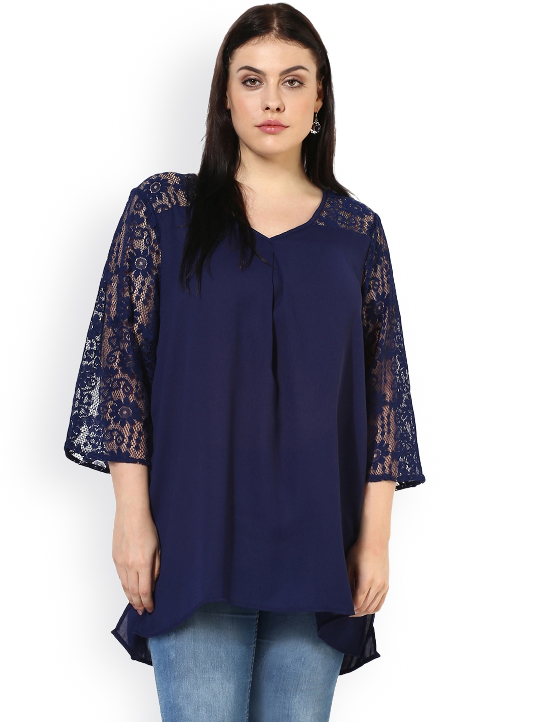 

Qurvii Plus Size Women Navy Blue Solid A-Line Top