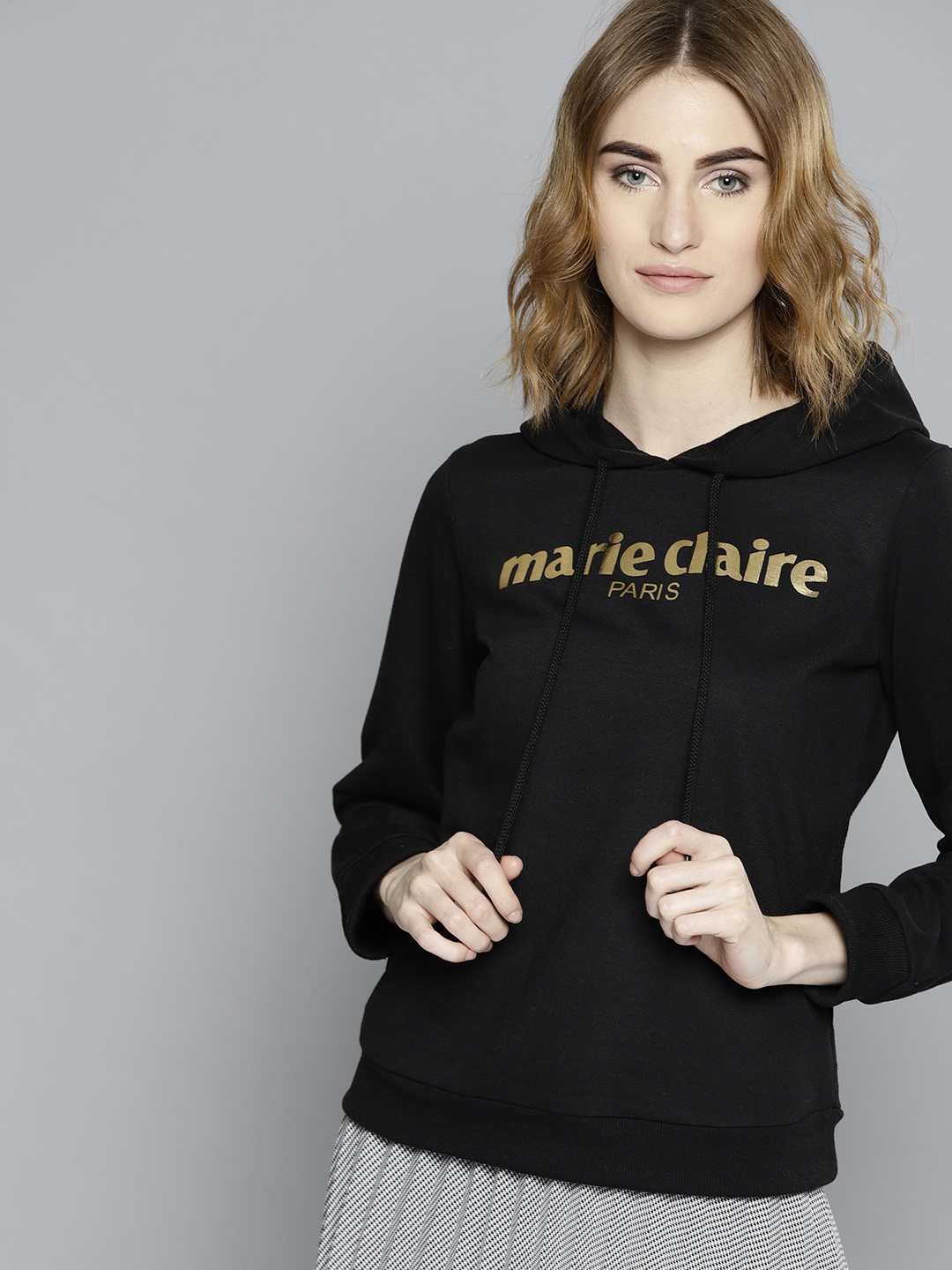 

Marie Claire Women Black Solid Hooded Sweatshirt with Printed Detail