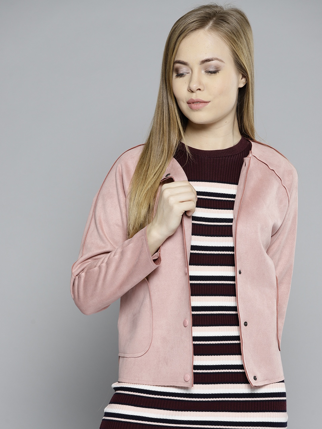 

Marie Claire Women Peach-Coloured Suede Finish Solid Tailored Jacket