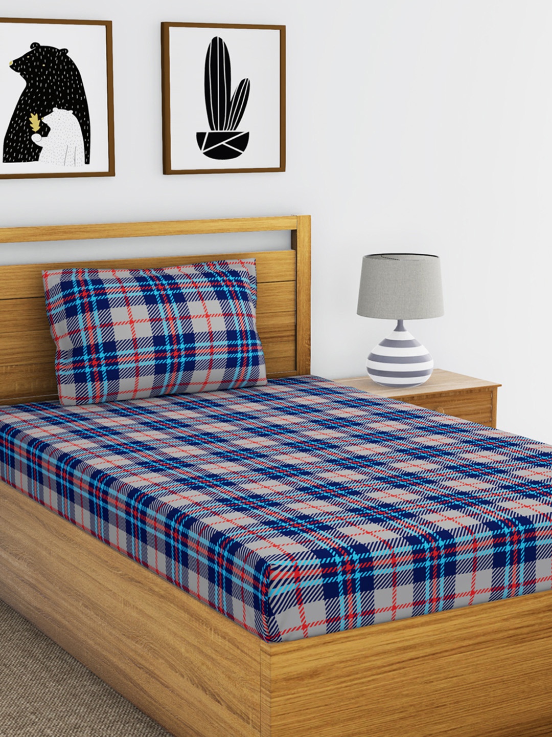 

BIANCA Navy Blue & Grey Checked Flat 110 TC Cotton Single Bedsheet with 1 Pillow Cover
