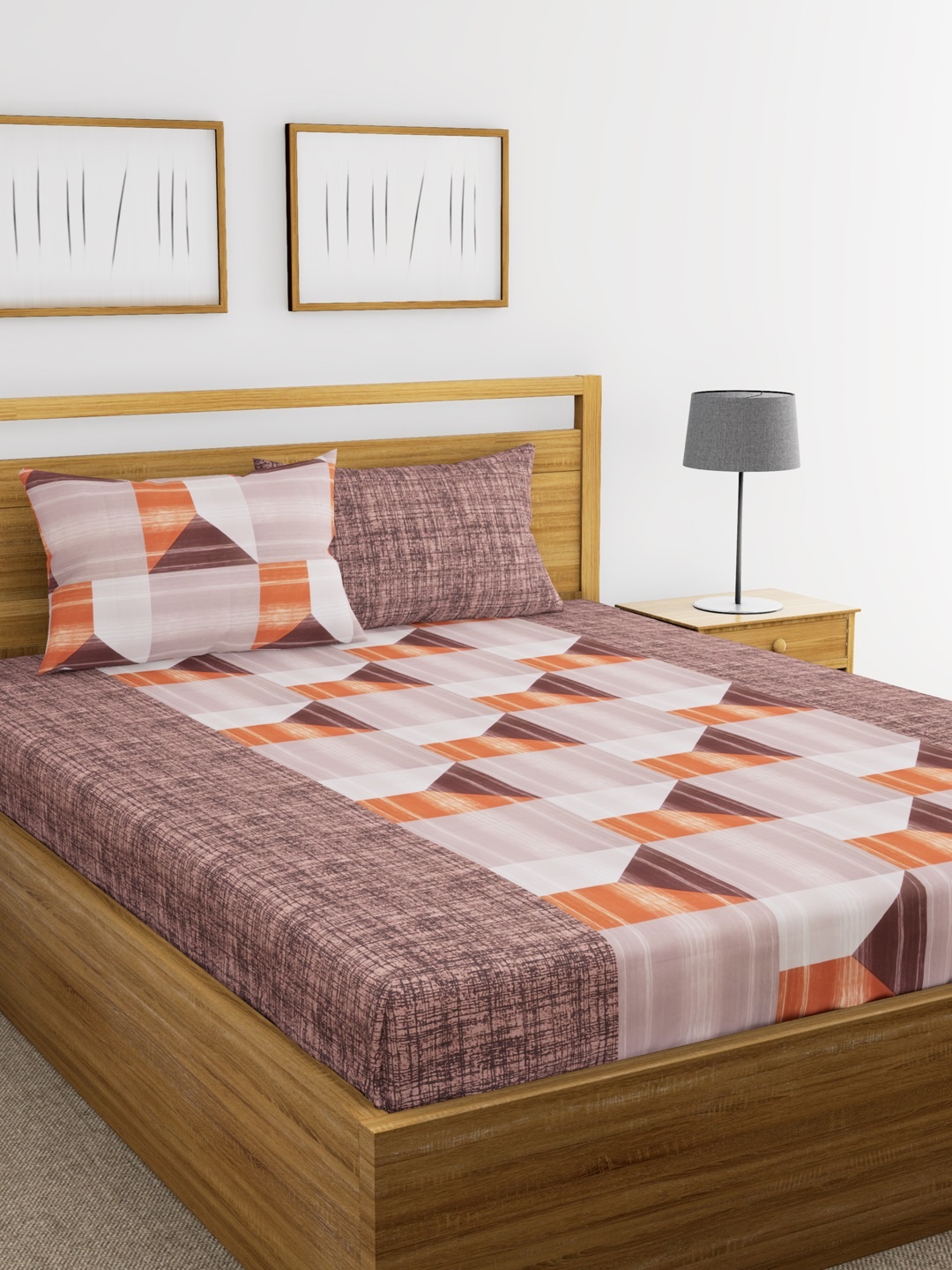 

BIANCA Brown & Orange Flat 210 TC Cotton 1 Double Bedsheet with 2 Pillow Covers