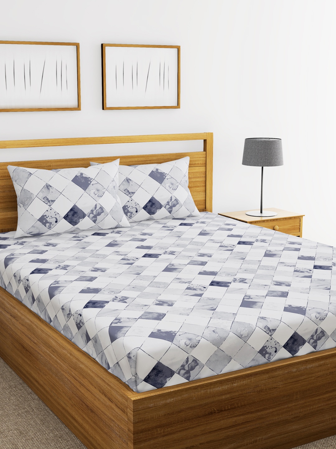 

BIANCA Grey Geometric Flat 110 TC Cotton Queen Bedsheet with 2 Pillow Covers