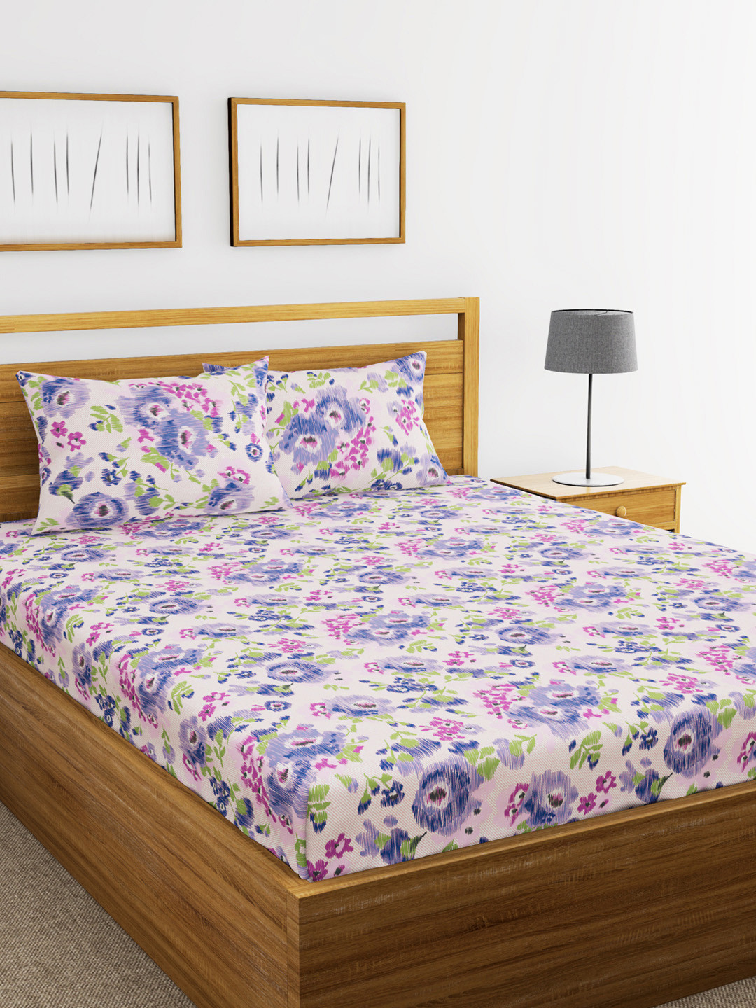 

BIANCA Purple & Pink Floral Flat 110 TC Cotton Queen Bedsheet with 2 Pillow Covers