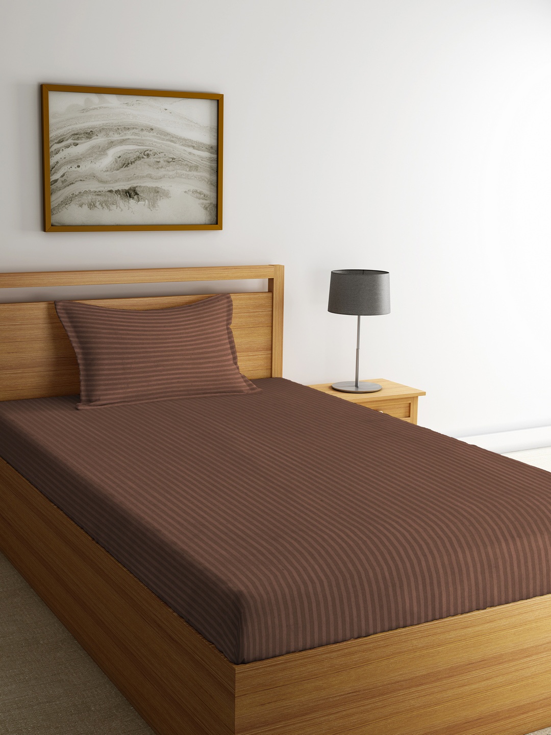 

MARK HOME Brown Striped Flat 210 TC Cotton 1 Single Bedsheet with 1 Pillow Cover