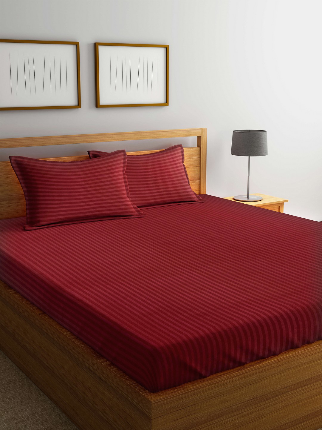 

MARK HOME Maroon Striped Flat 210 TC Cotton 1 King Bedsheet with 2 Pillow Covers
