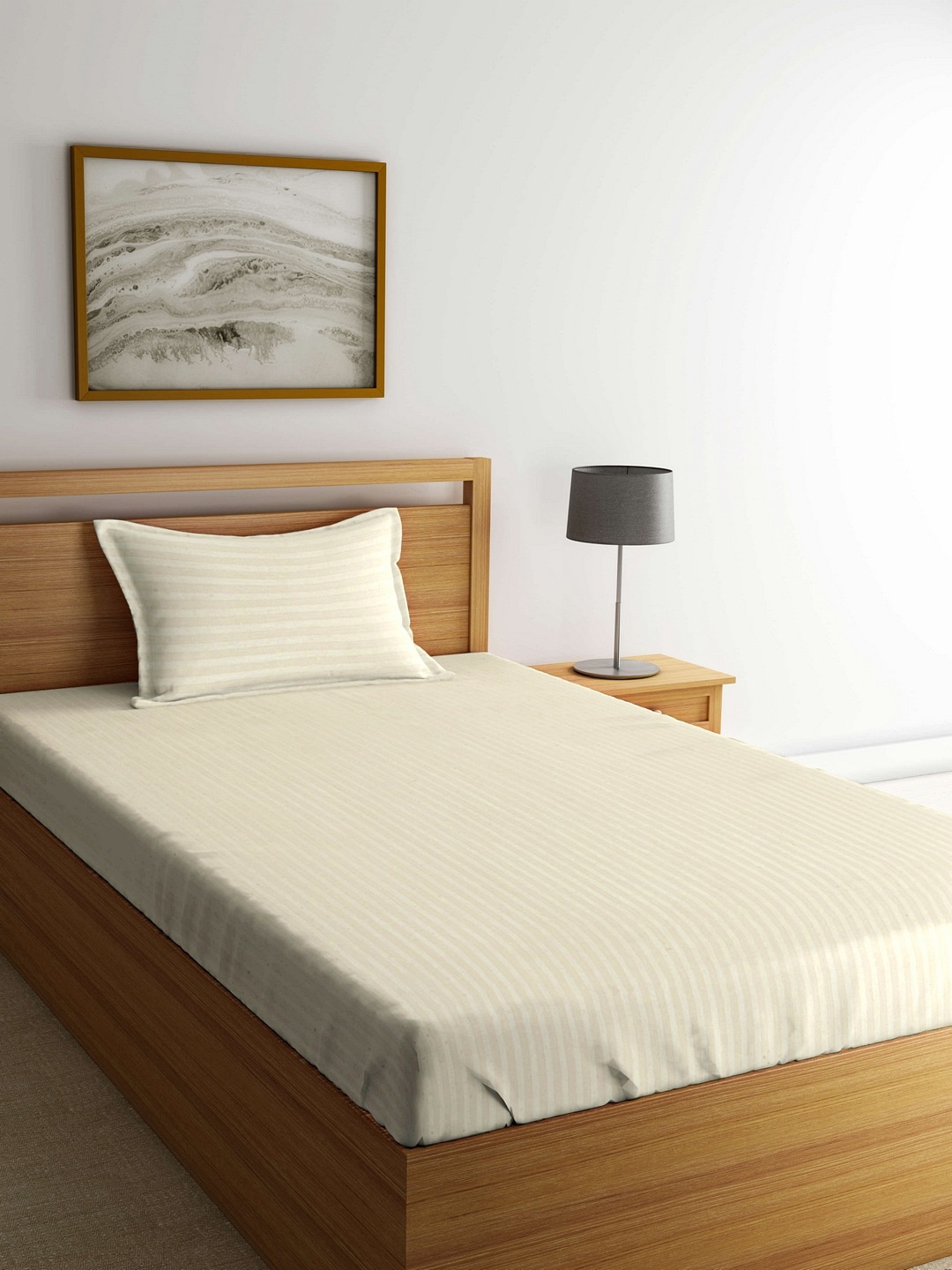 

MARK HOME Cream-Coloured Striped Flat 210 TC Cotton 1 Single Bedsheet with 1 Pillow Cover