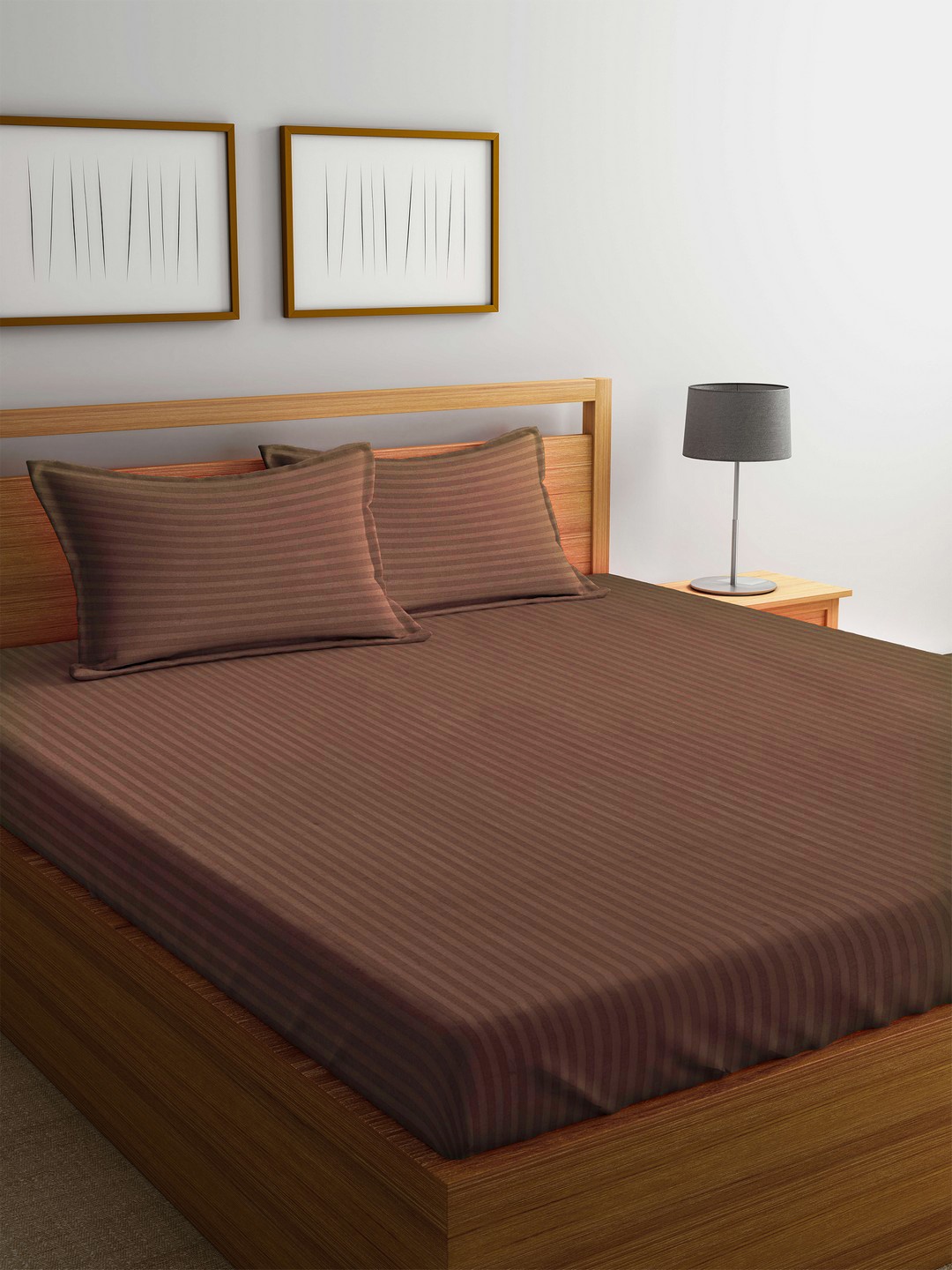 

MARK HOME Brown Striped Flat 210 TC Cotton 1 King Bedsheet with 2 Pillow Covers