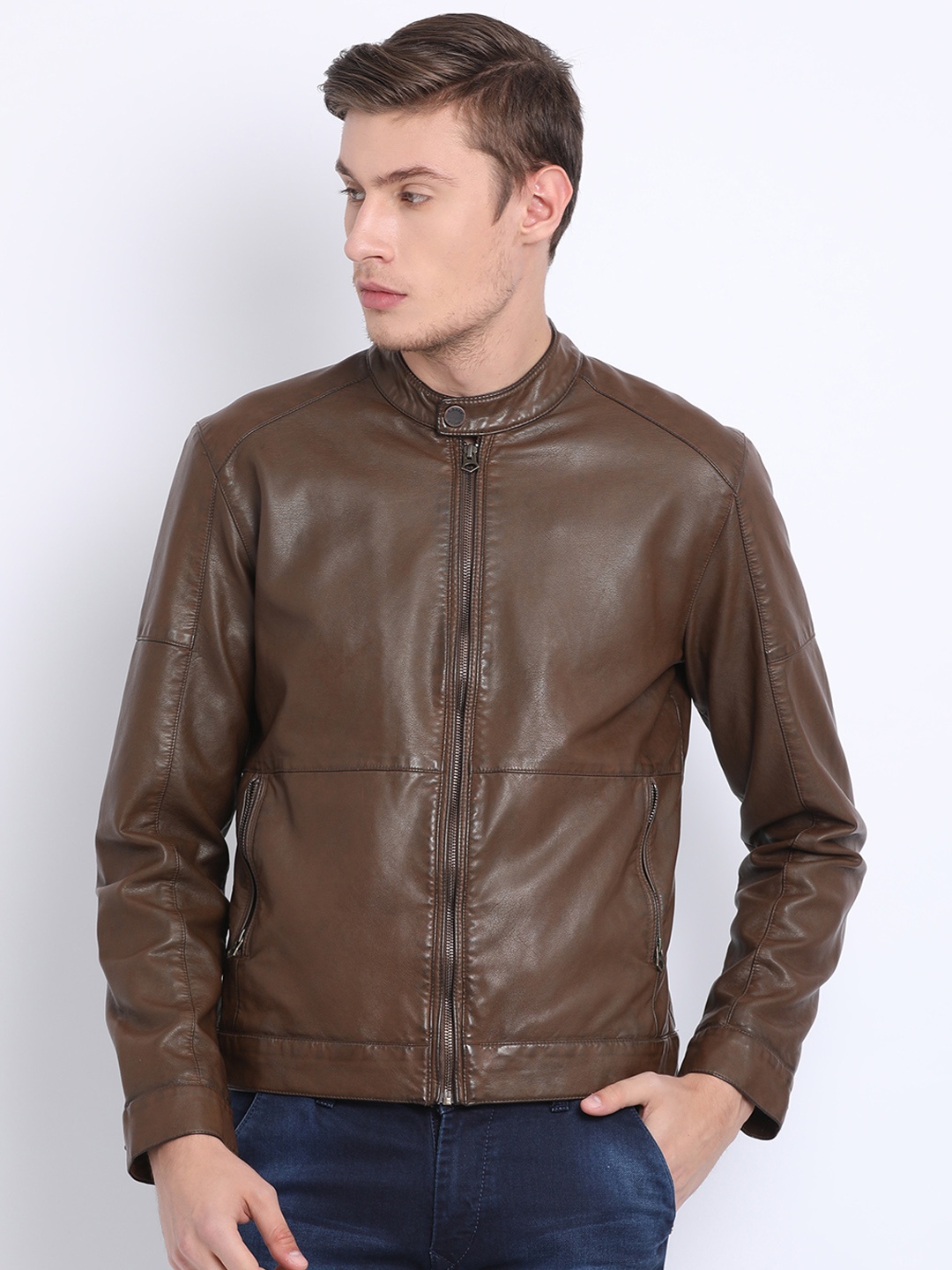 

t-base Men Brown Solid Windcheater Leather Jacket