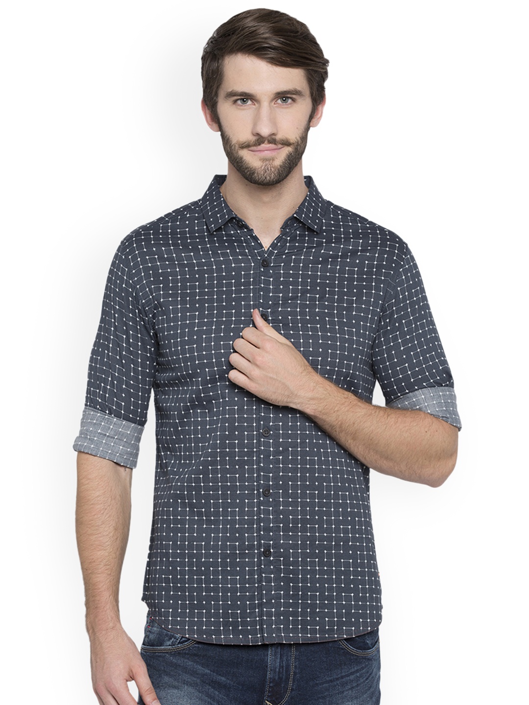 

SPYKAR Men Grey & Navy Blue Slim Fit Printed Casual Shirt