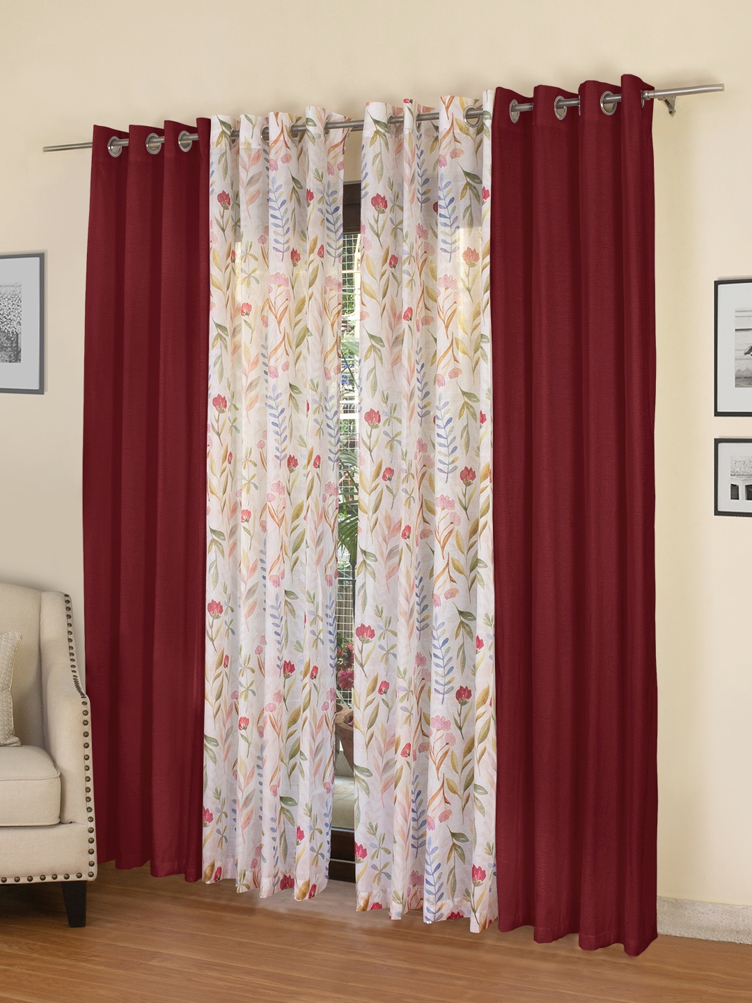 

ROSARA HOME Maroon & White Set of 4 Door Curtains