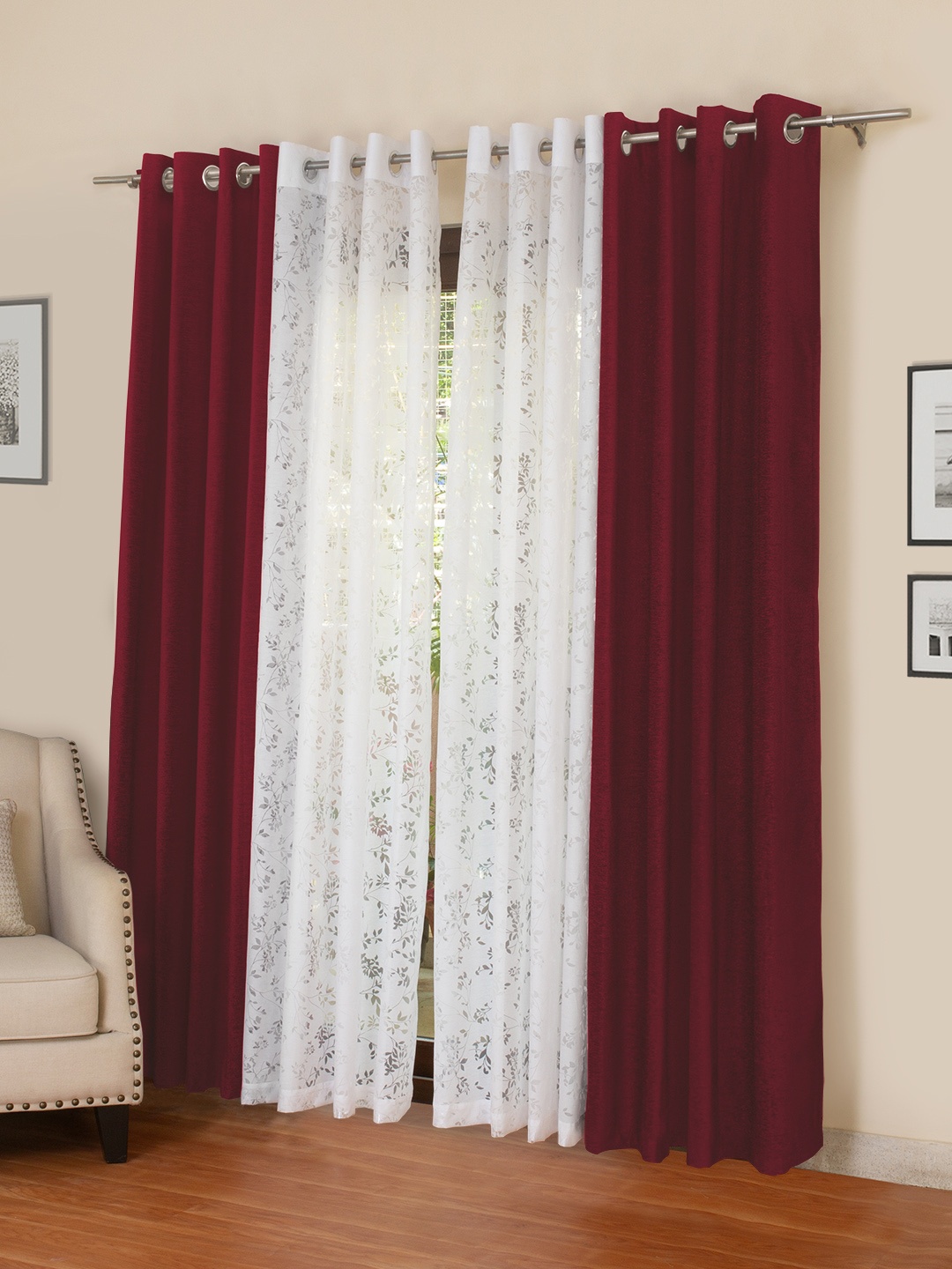 

ROSARA HOME Maroon & White Set of 4 Door Curtains