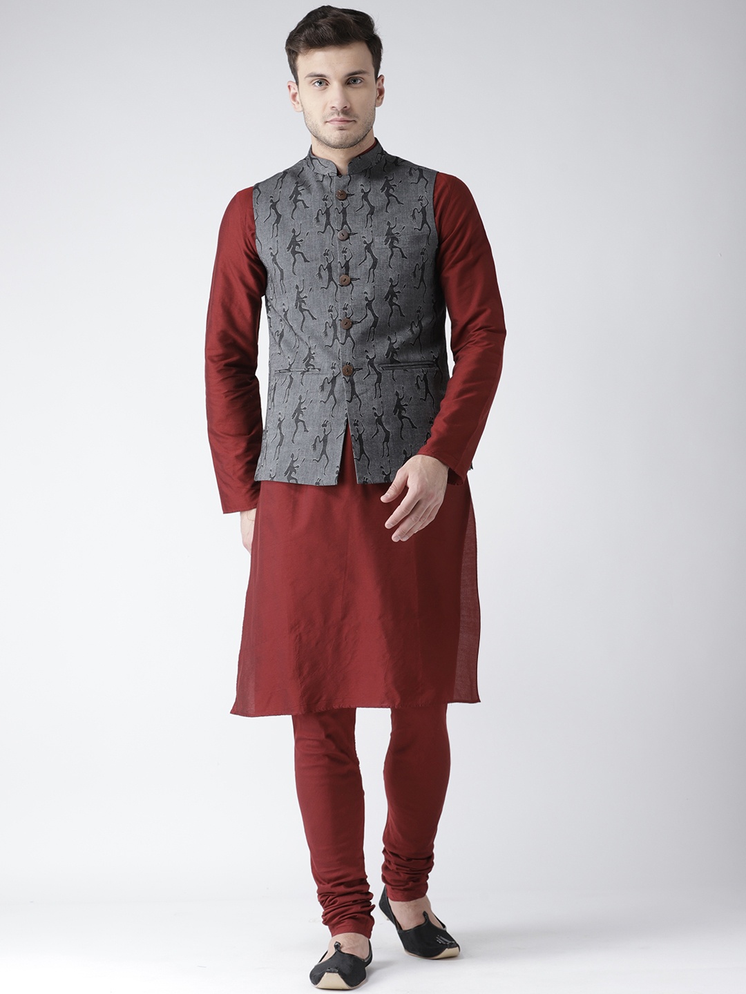 

KISAH Men Maroon & Grey Solid Kurta with Churidar & Nehru Jacket