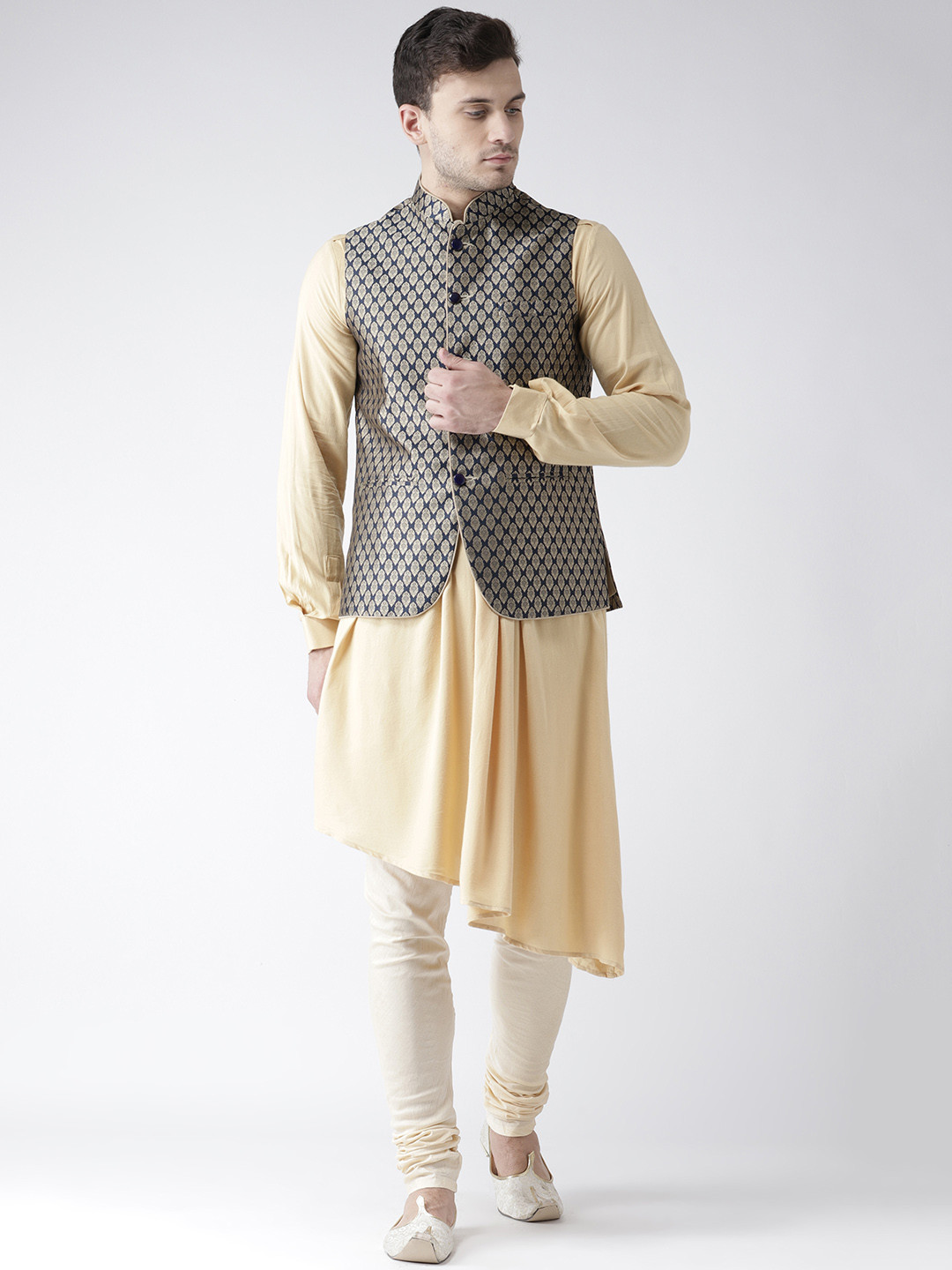 

KISAH Men Beige Printed Churidar Kurta with Nehru Jacket