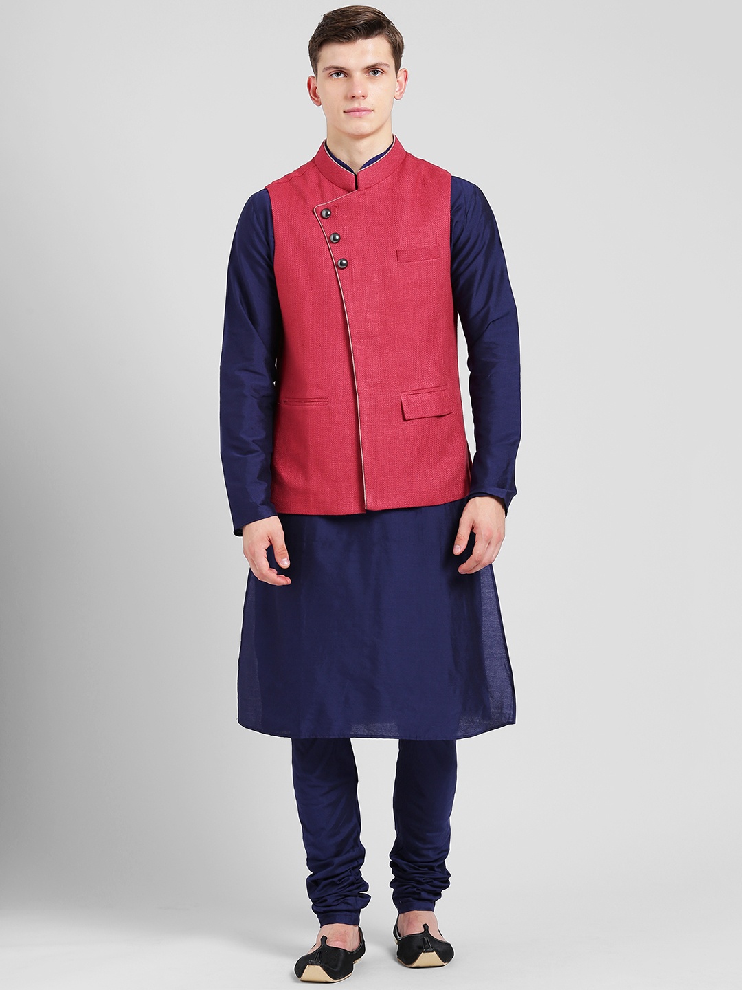 

KISAH Men Navy Blue & Pink Solid Kurta with Churidar & Nehru Jacket