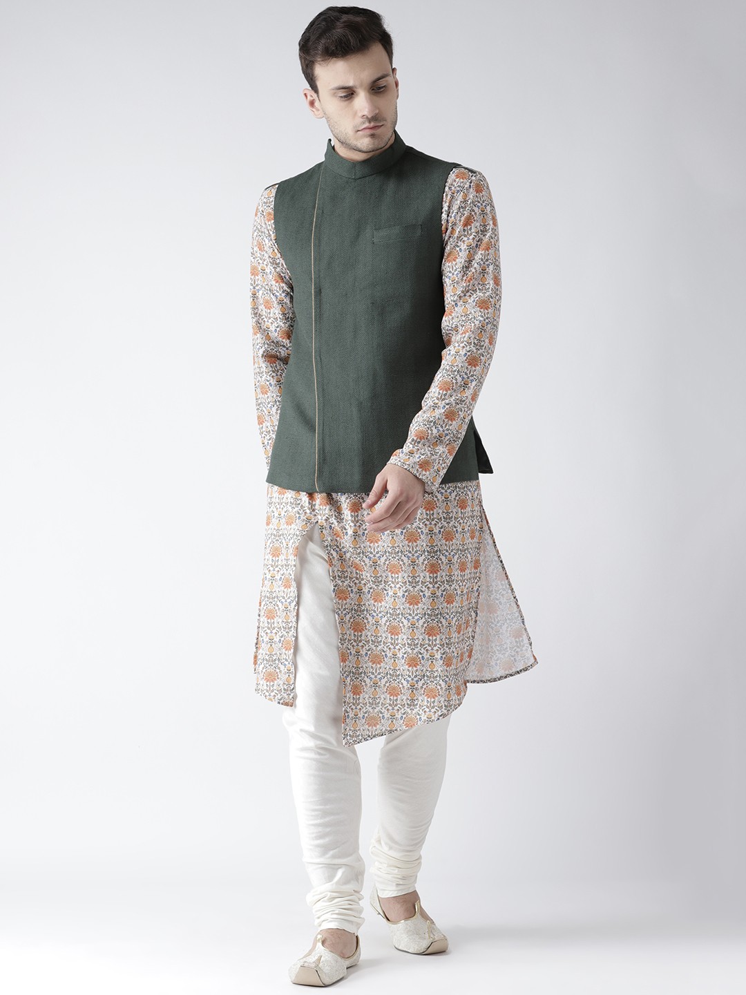 

KISAH Men Beige Printed Kurta with Churidar & Nehru Jacket Set, Olive