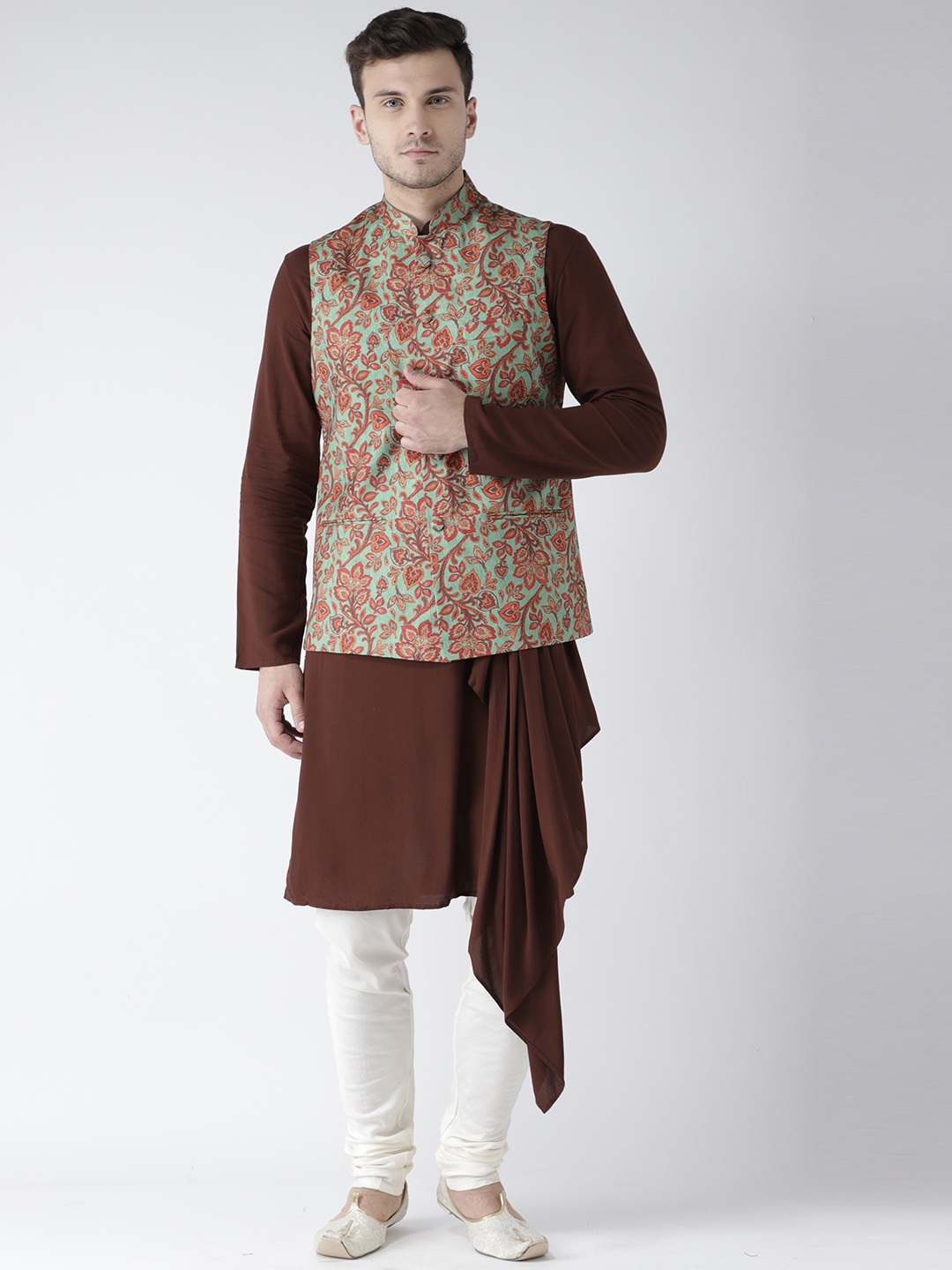 

KISAH Men Brown & Cream-Coloured Solid Kurta with Churidar & Nehru Jacket