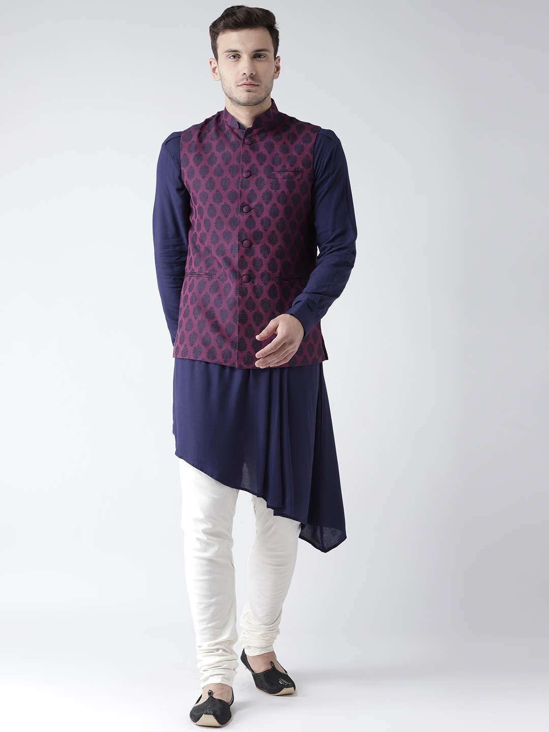 

KISAH Men Navy Blue & Purple Self Design Kurta with Churidar & Nehru Jacket