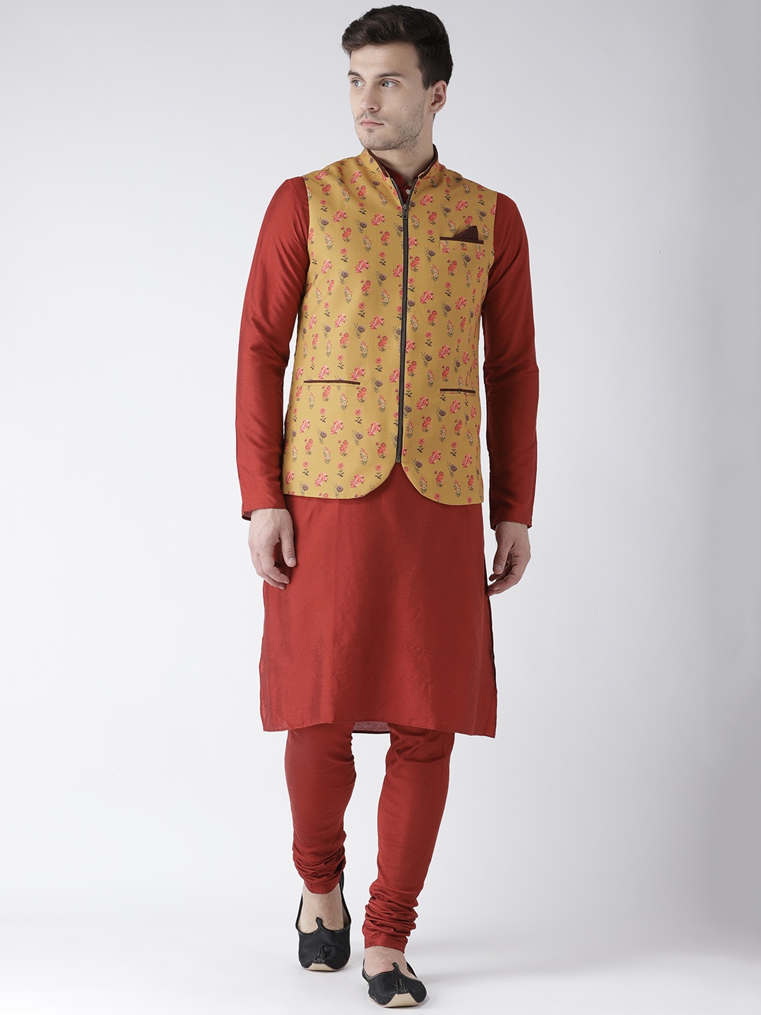 

KISAH Men Red & Mustard Printed Kurta with Churidar & Nehru Jacket