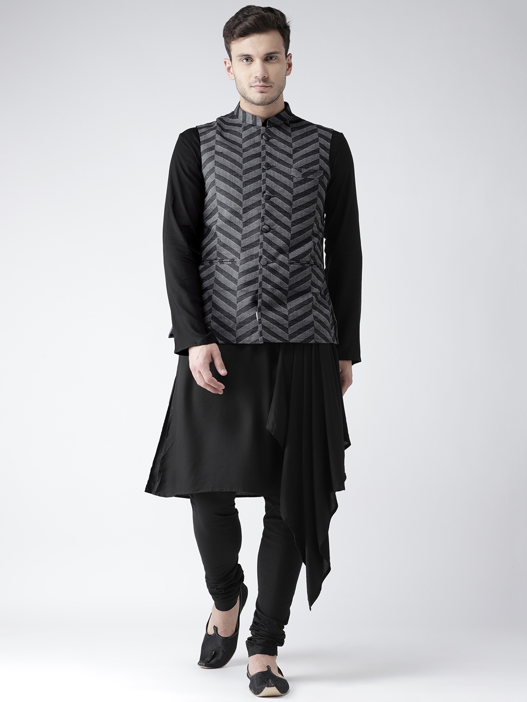 

KISAH Men Black & Grey Printed Kurta with Churidar & Nehru Jacket