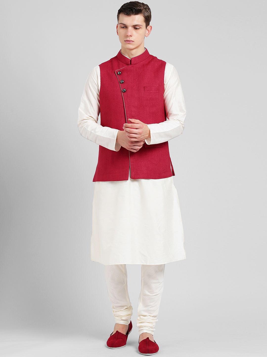 

KISAH Men Cream-Coloured & Pink Solid Kurta with Churidar & Nehru Jacket