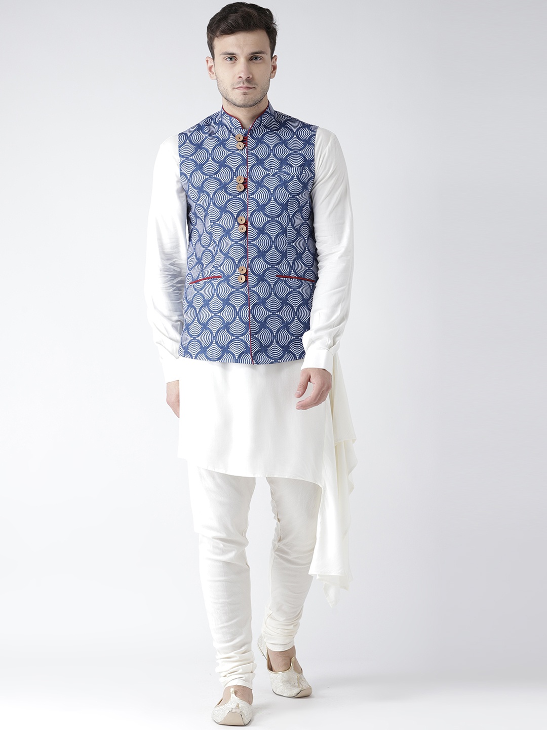 

KISAH Men Blue & Off-White Printed Churidar Kurta with Nehru Jacket