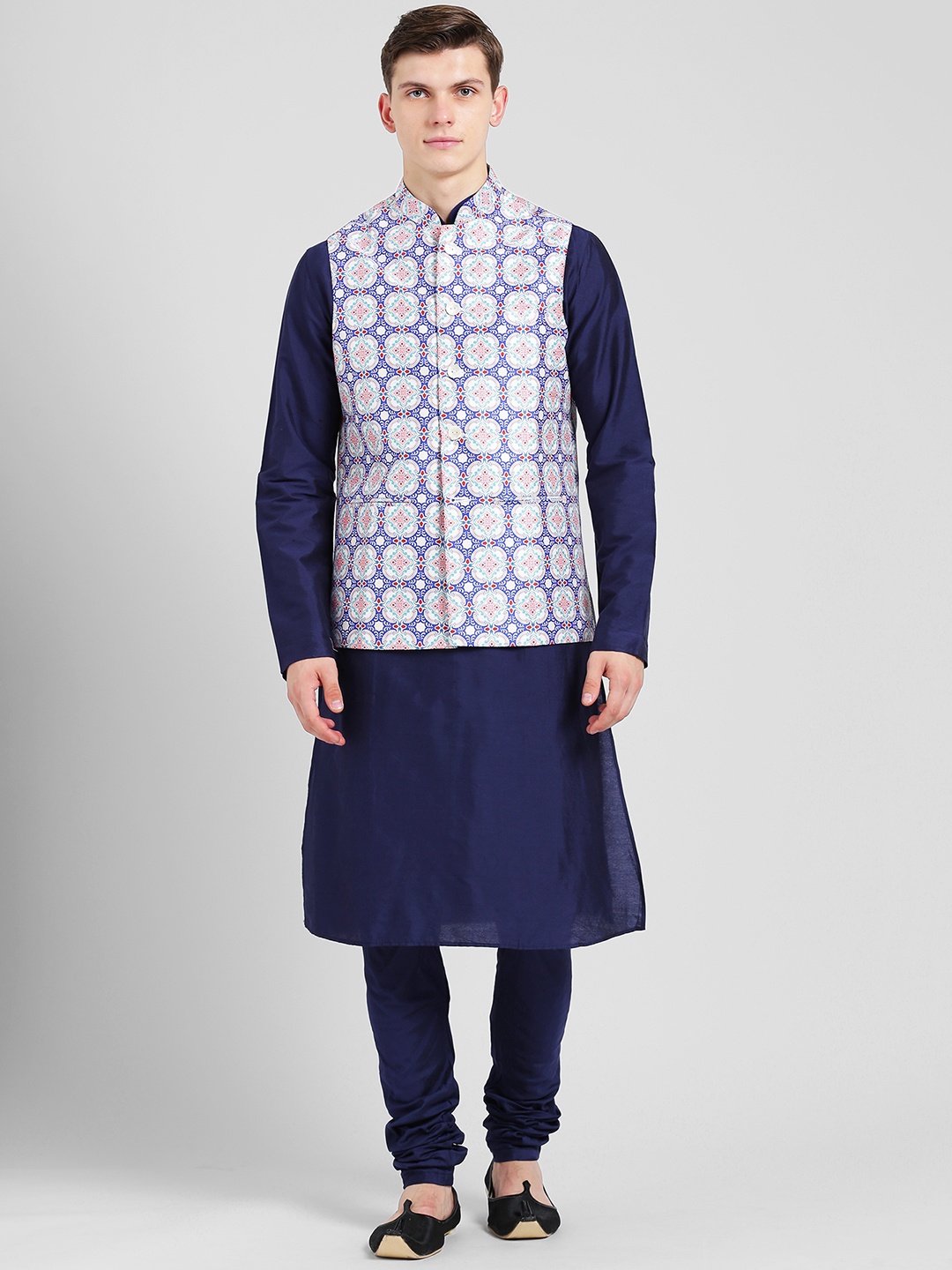 

KISAH Men Navy Blue & Multicoloured Printed Kurta with Churidar & Nehru Jacket