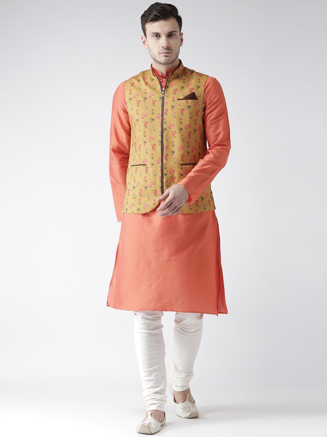 

KISAH Men Coral Pink Solid Kurta with Churidar & Nehru Jacket