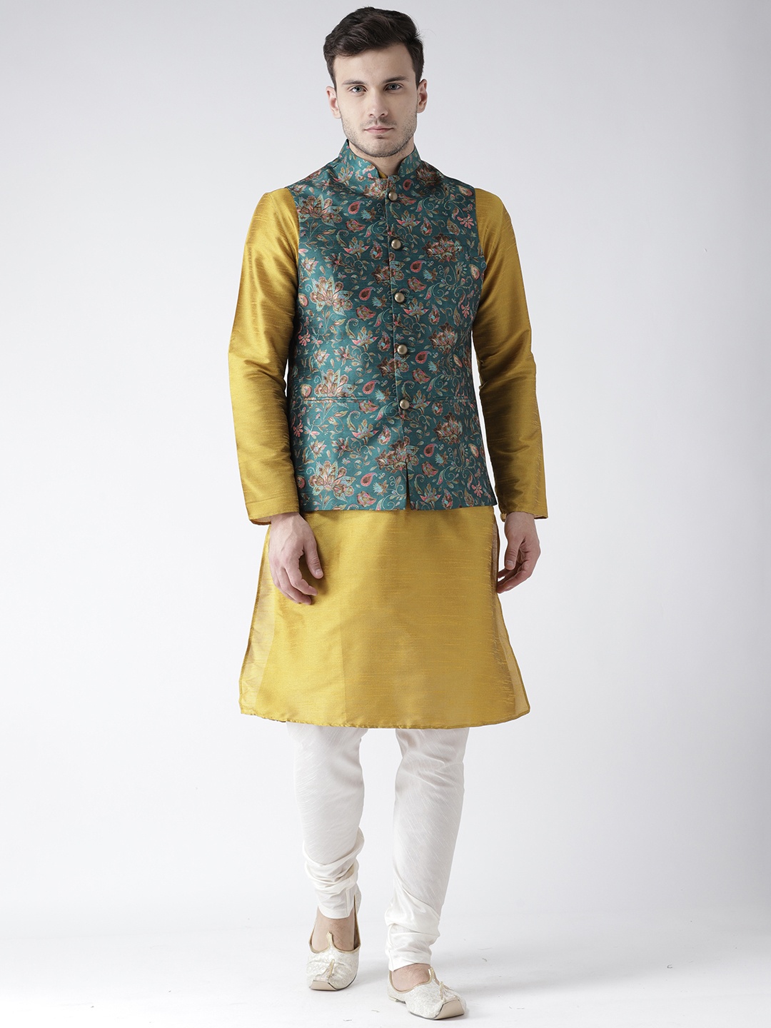 

KISAH Men Gold-Toned & Cream-Coloured Printed Kurta with Churidar & Nehru Jacket