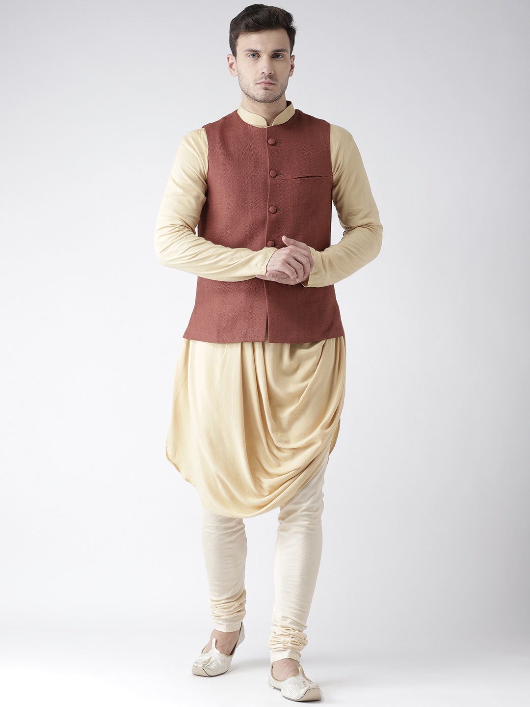 

KISAH Men Cream-Coloured & Rust Solid Kurta with Churidar & Nehru Jacket