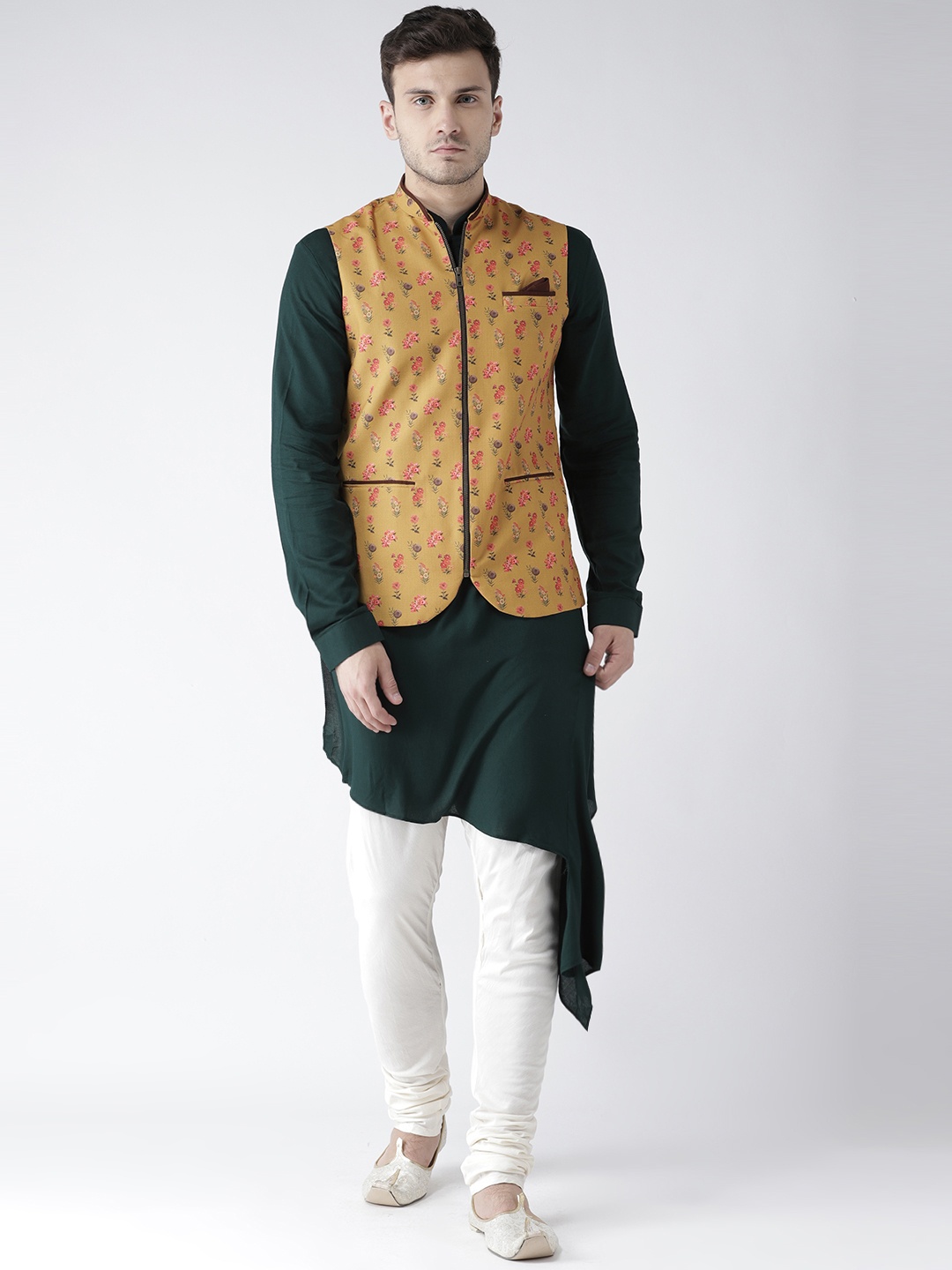 

KISAH Men Olive Green & Mustard Printed Kurta with Churidar & Nehru Jacket