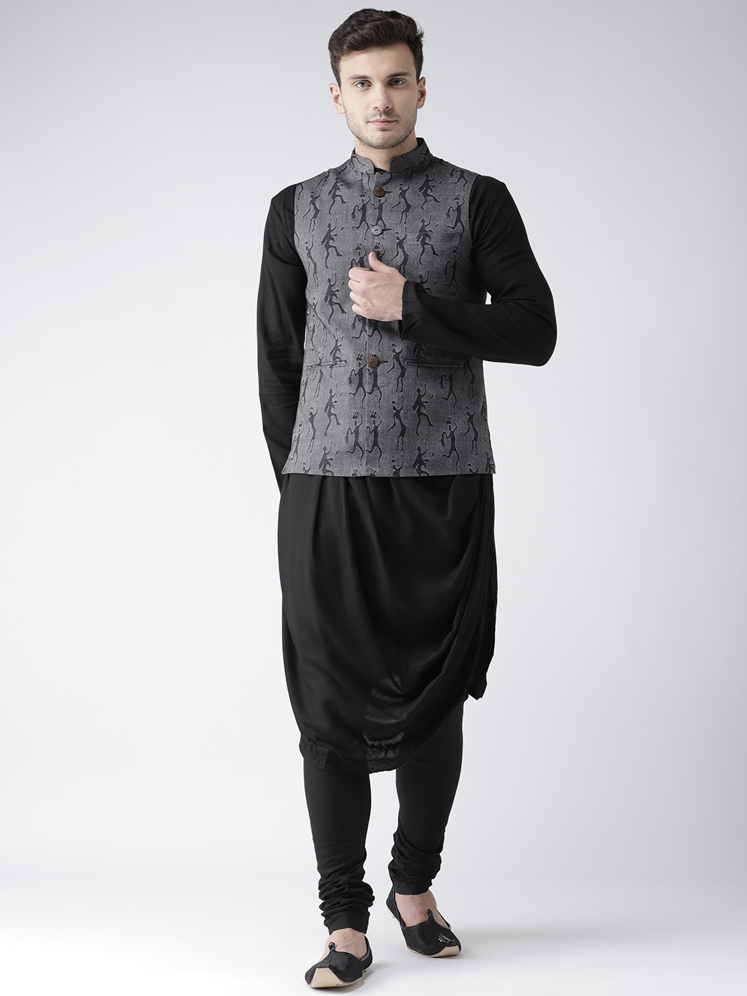 

KISAH Men Black & Grey Self Design Kurta with Churidar & Nehru Jacket