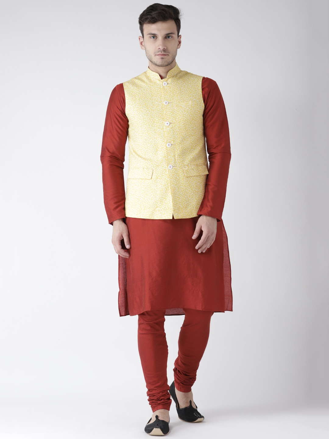 

KISAH Men Red & Yellow Printed Kurta with Churidar & Nehru Jacket