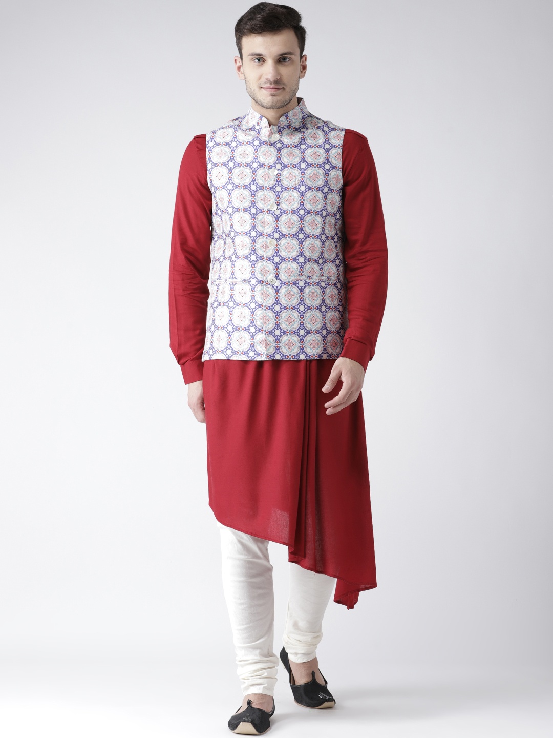 

KISAH Men Maroon & Blue Printed Kurta with Churidar & Nehru Jacket