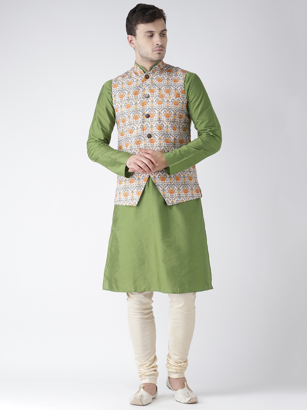 

KISAH Men Olive Green & Cream-Coloured Printed Kurta with Churidar & Nehru Jacket