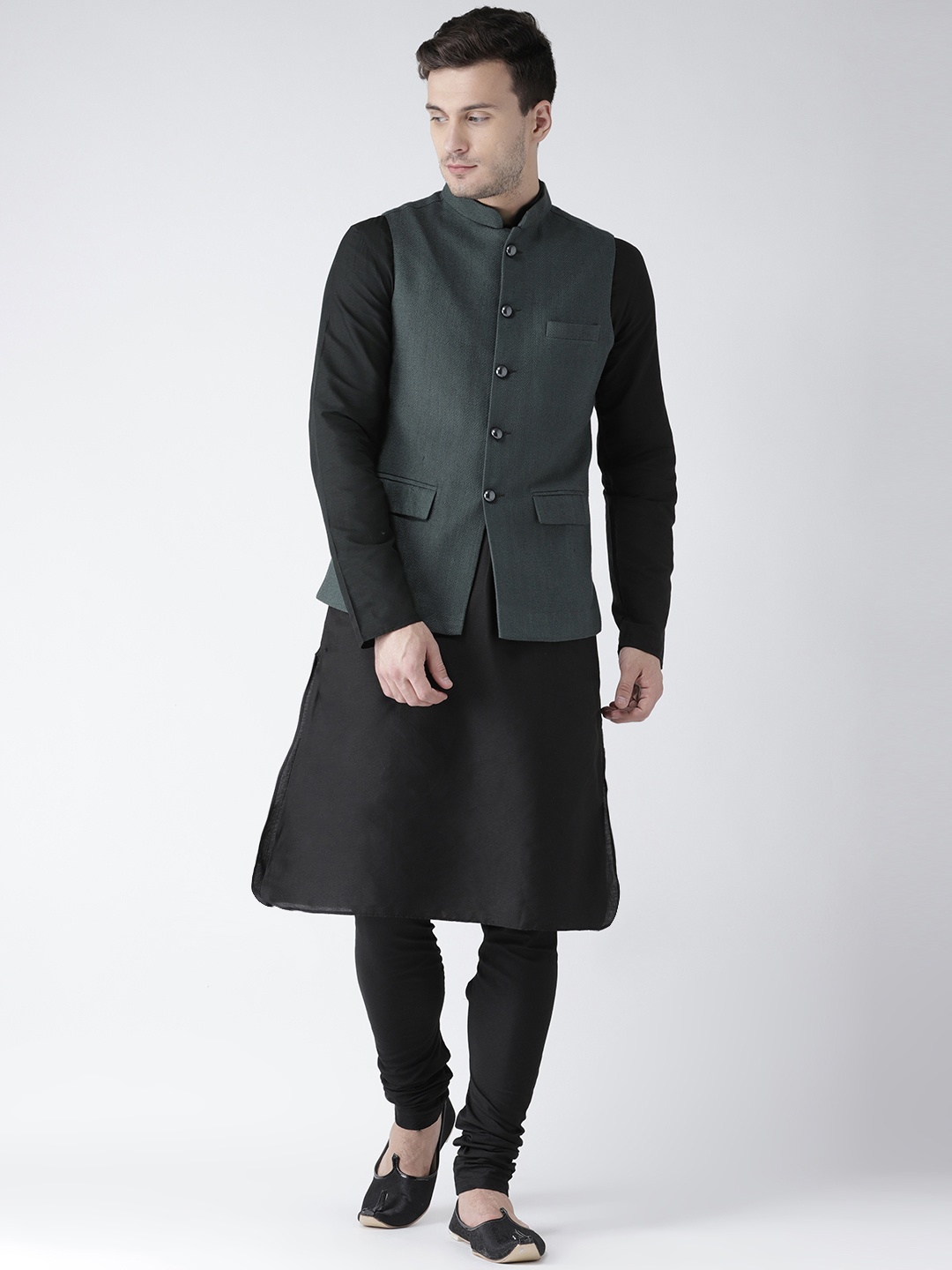 

KISAH Men Black Solid Churidar Kurta with Nehru Jacket