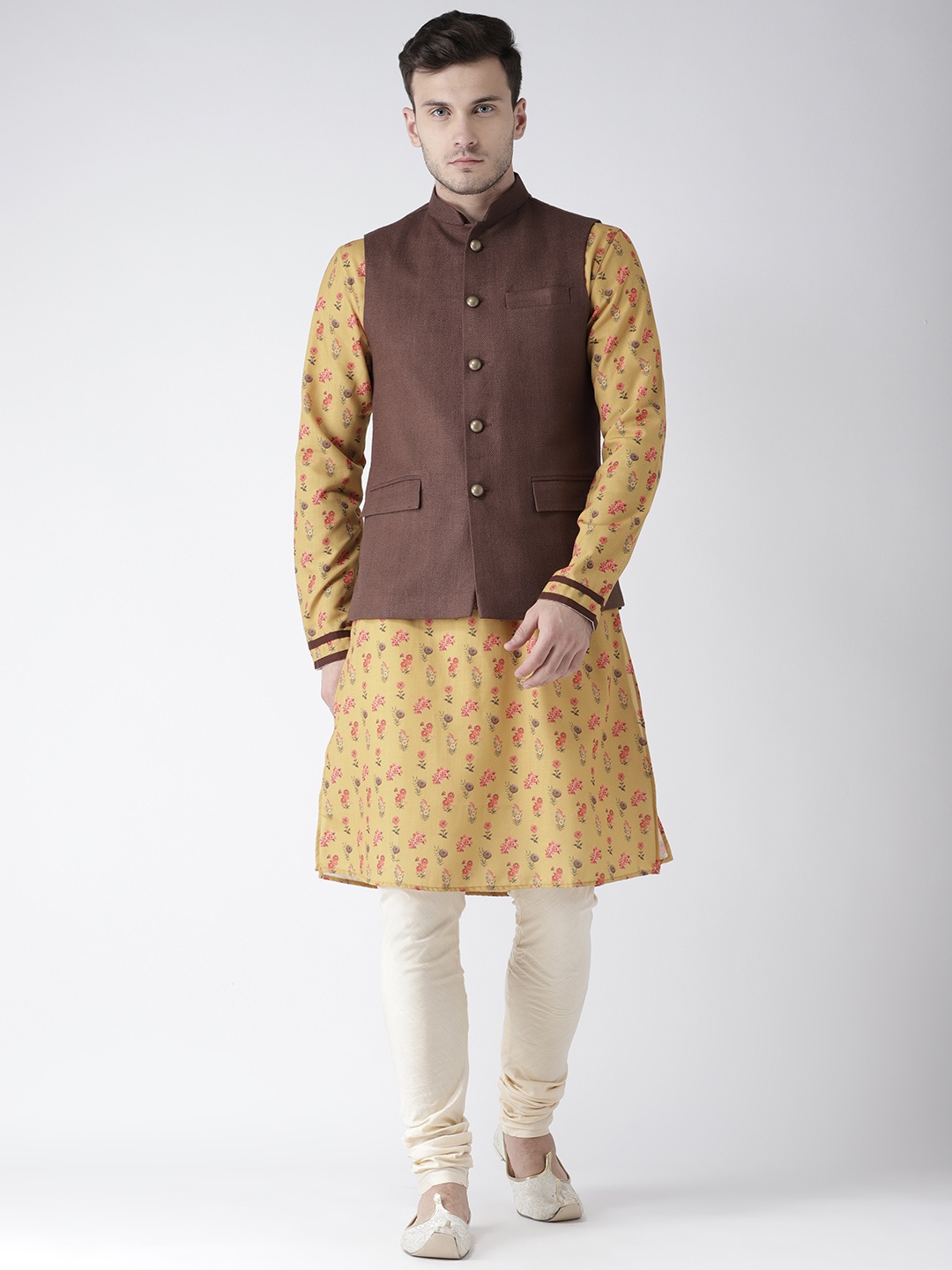 

KISAH Men Mustard & Brown Printed Kurta with Churidar & Nehru Jacket