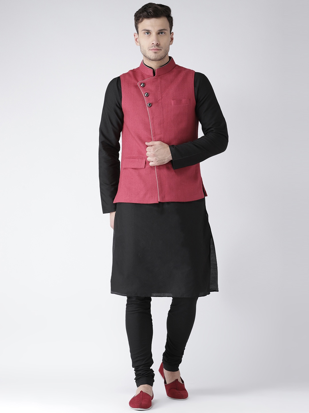 

KISAH Men Charcoal & Pink Solid Kurta with Churidar & Nehru Jacket