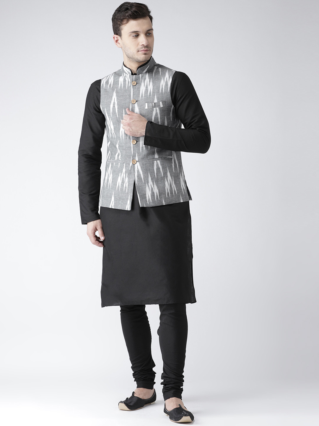 

KISAH Men Black Solid Churidar Kurta with Nehru Jacket