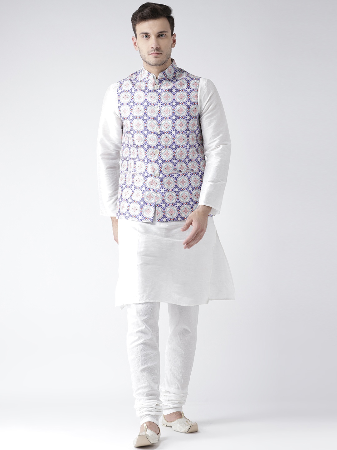 

KISAH Men White & Blue Printed Kurta with Churidar & Nehru Jacket