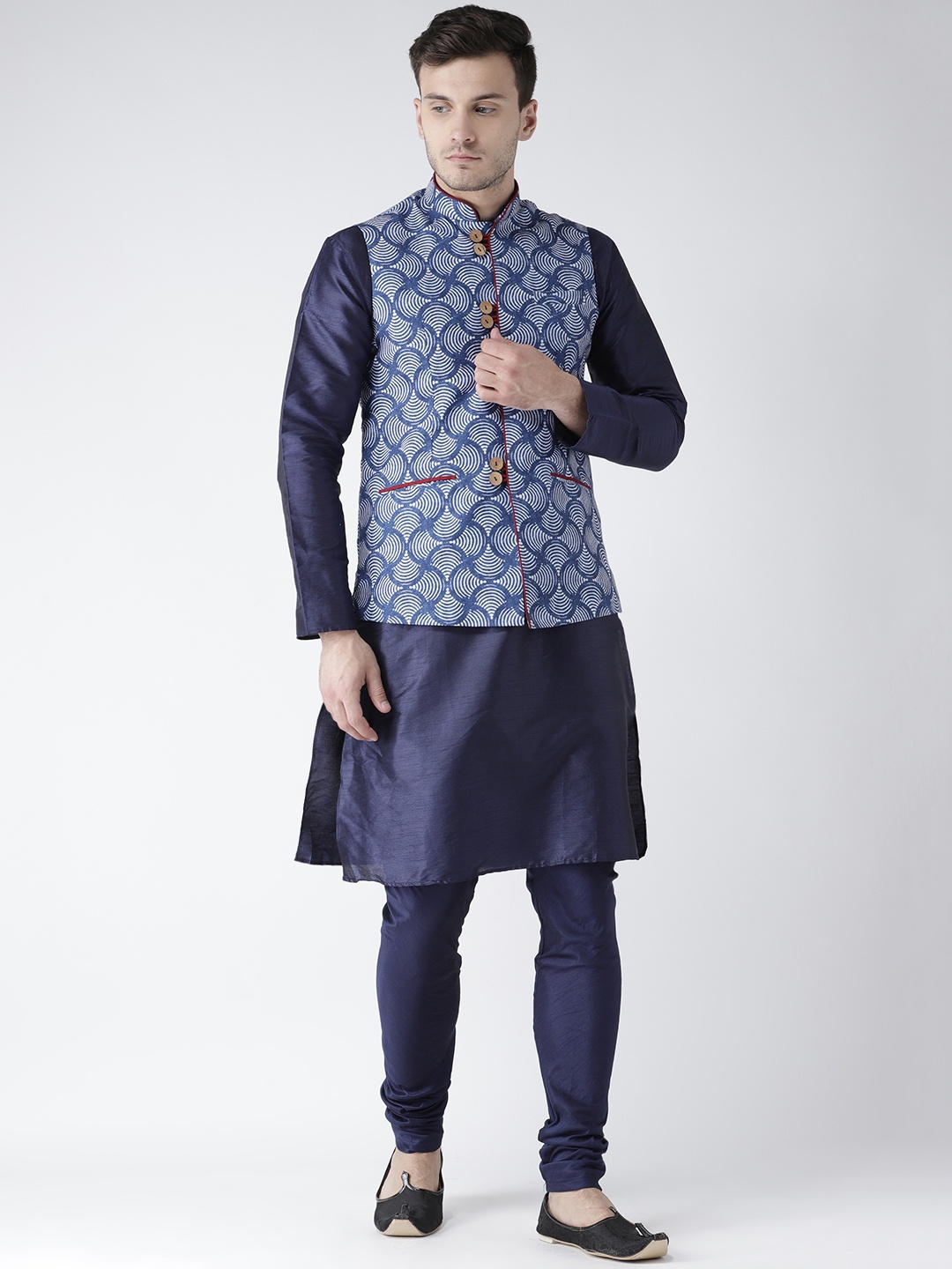 

KISAH Men Navy Blue Solid Churidar Kurta with Nehru Jacket