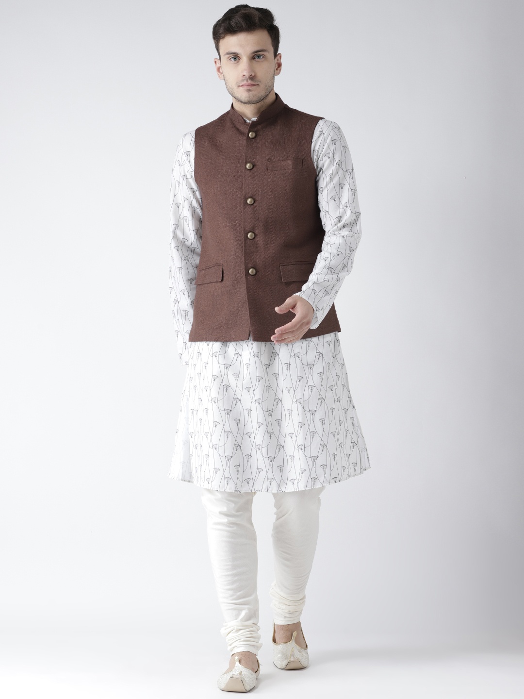 

KISAH Men White Printed Churidar Kurta with Nehru Jacket