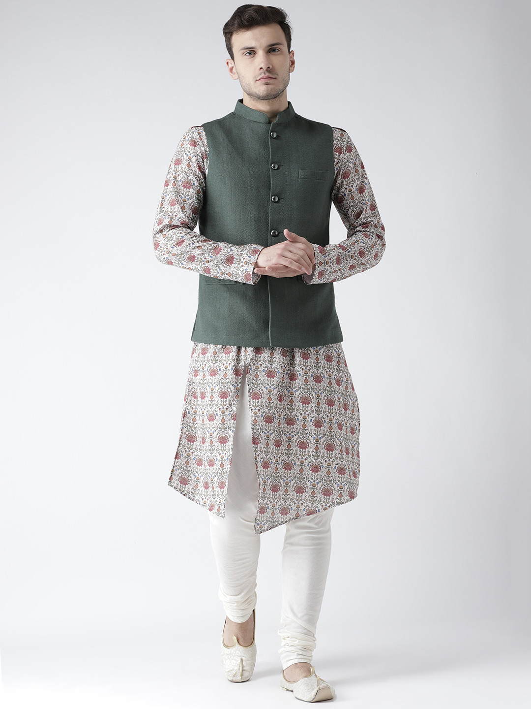 

KISAH Men Off-White & Red Printed Churidar Kurta with Nehru Jacket