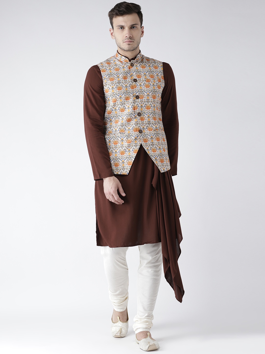 

KISAH Men Brown & Cream-Coloured Printed Kurta with Churidar & Nehru Jacket