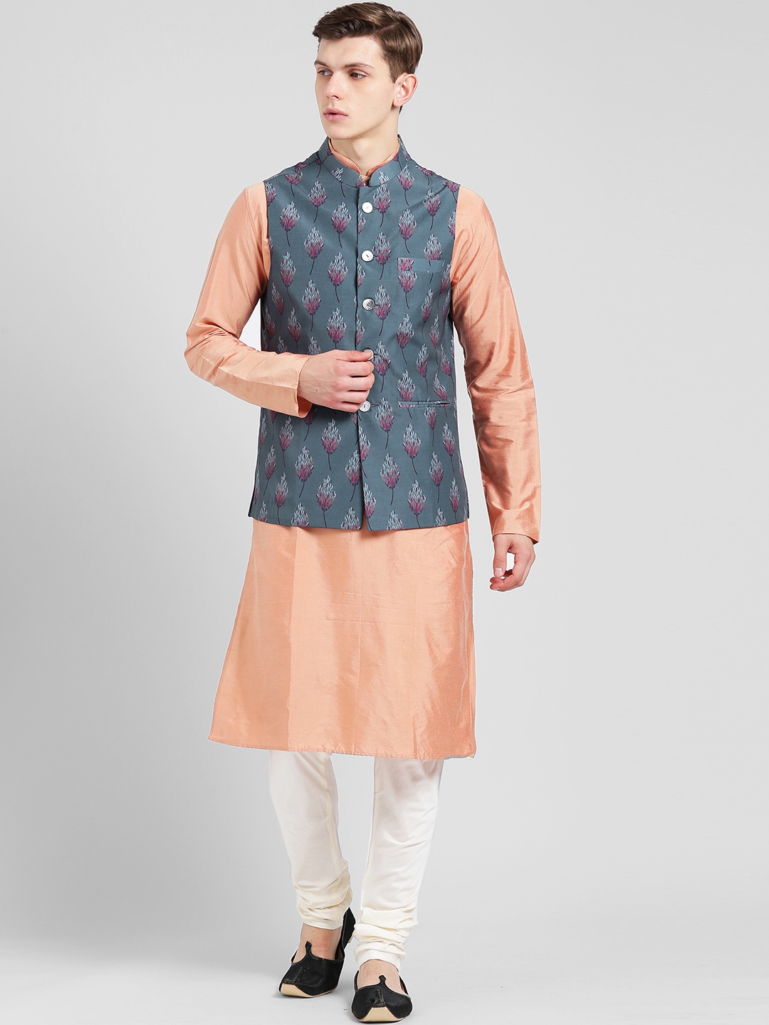 

KISAH Men Peach-Coloured & Grey Printed Kurta with Churidar & Nehru Jacket