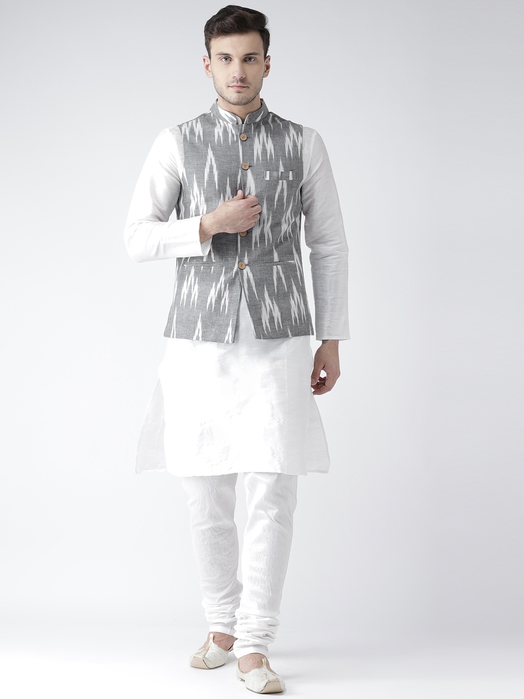 

KISAH Men Off-White Solid Churidar Kurta with Nehru Jacket