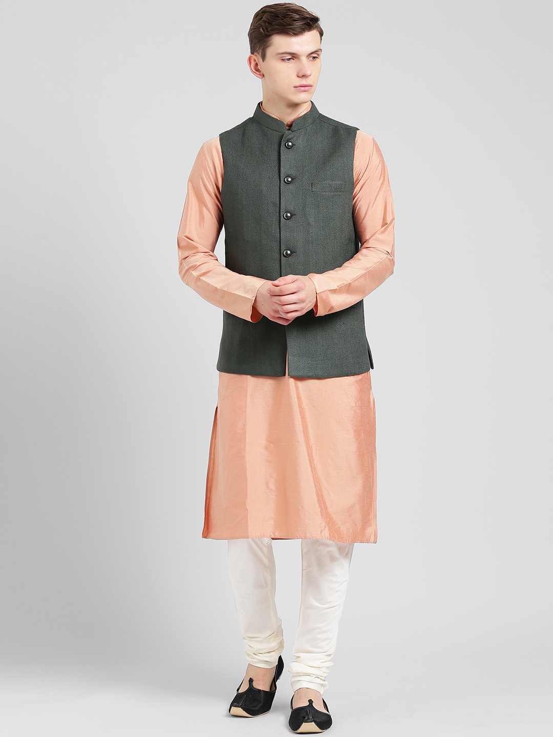 

KISAH Men Peach-Coloured Solid Churidar Kurta with Nehru Jacket