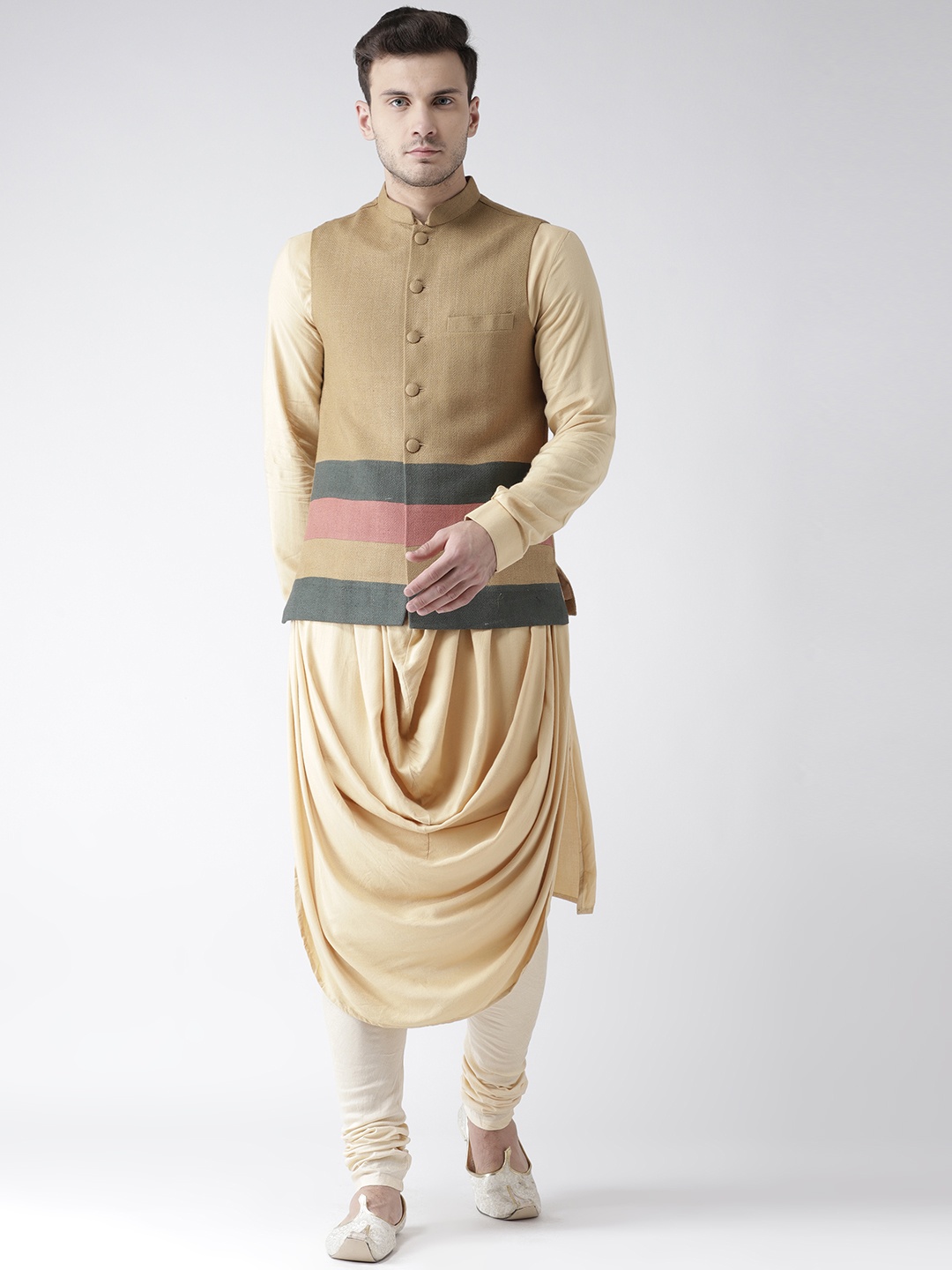 

KISAH Men Beige Solid Kurta with Churidar 7 Nehru Jacket