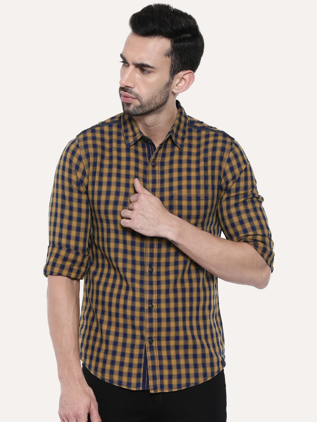 

SPYKAR Men Camel Brown & Navy Blue Slim Fit Checked Casual Shirt