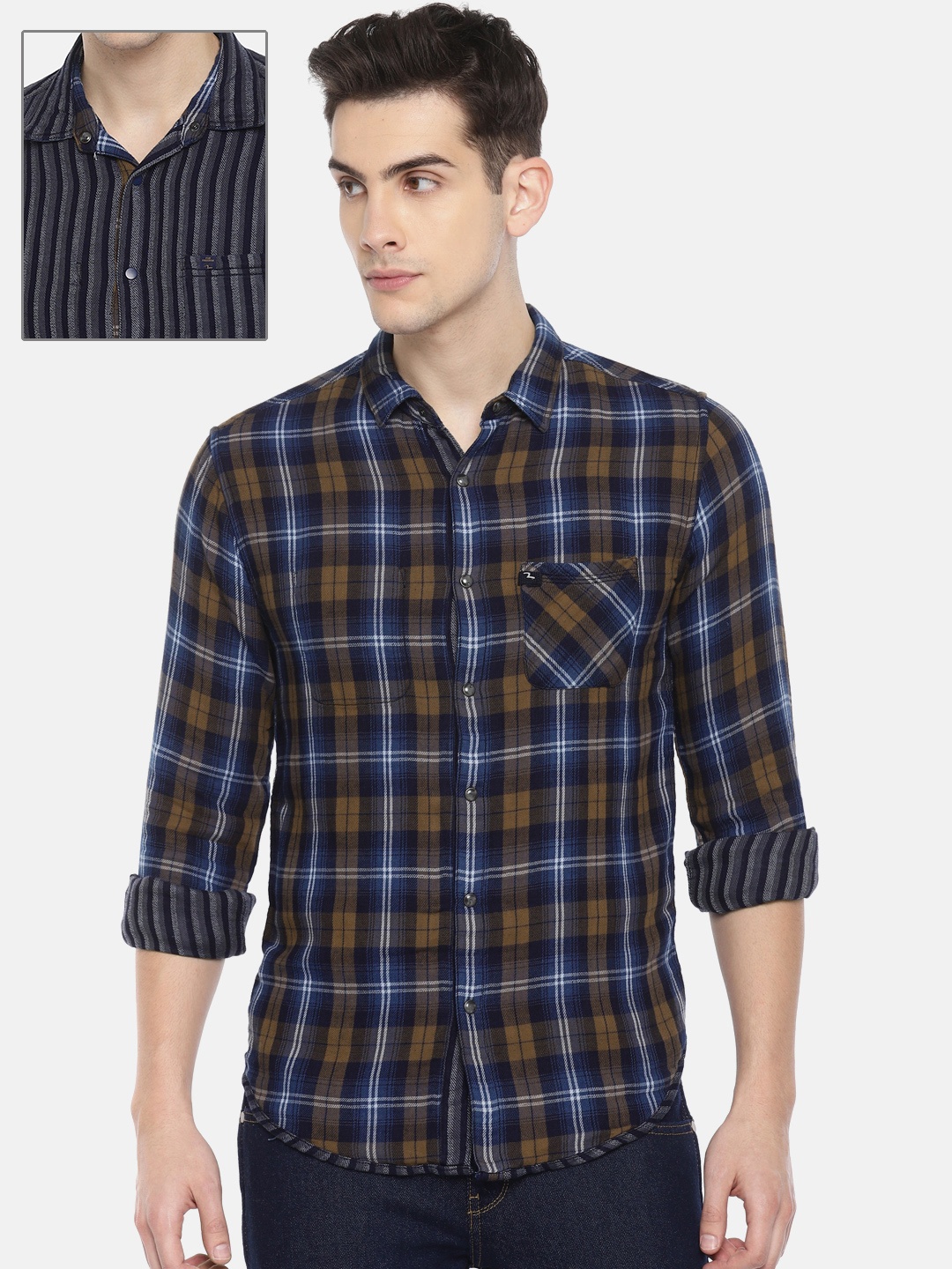 

SPYKAR Men Brown & Navy Blue Slim Fit Checked Casual Reversible Shirt
